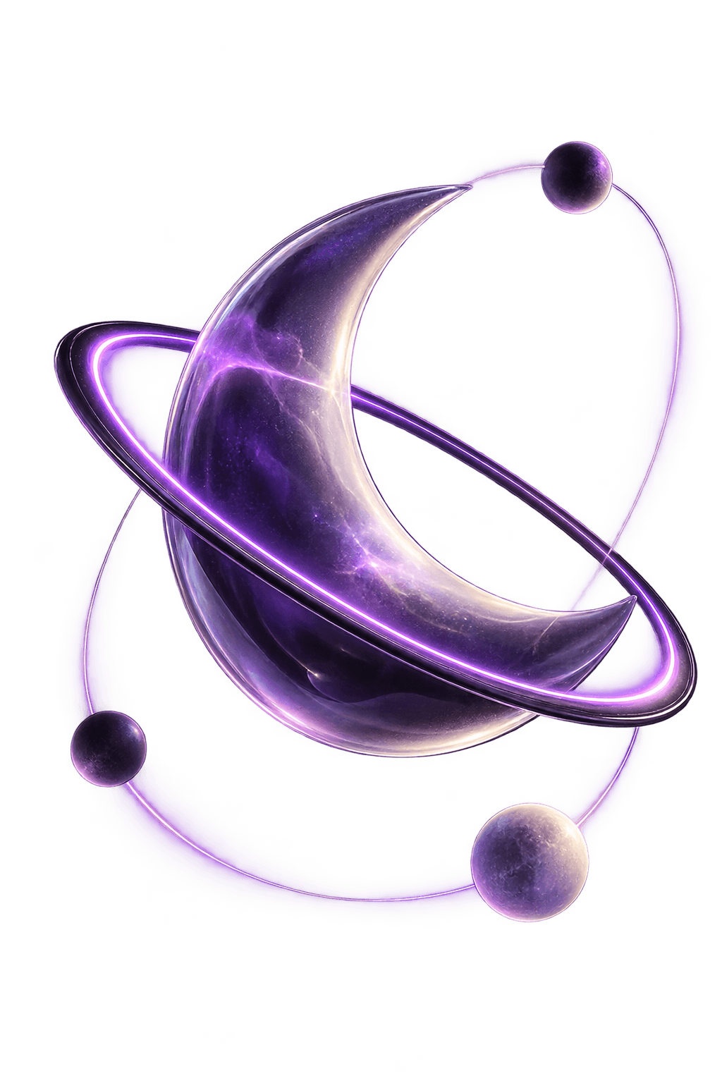 Glass crescent moon in a glowing orbit